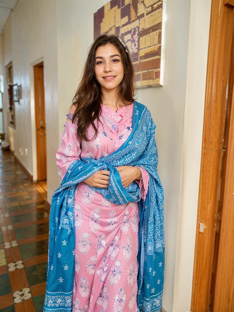 A woman in a traditional outfit stands indoors, smiling. She is wearing a pink dress adorned with white and purple patterns and has a blue patterned shawl draped over her shoulders. The background features a hallway with tiled flooring and a wall-mounted painting.