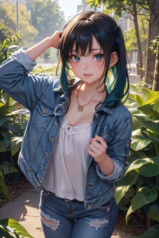 #基本
女の子がphotographのポーズをとっている, ((One Girl)), (((Baby Face:1.2)) + ((cute:1.3))),
#女の子がphotographのポーズをとっている, ((One Girl)), (((Baby Face)) + ((cute)) + 16 years old),
break
#Clothing Accessories
((Wearing a blue denim jacket), (Long denim pants)), black high heel sandals,
red gem earrings, Fancy Necklace,
break
#Features
(Emerald green hair:1.2), (Chest-length sideburns), (Twin tails : Long Hair + Thin Hair + Straight hair + Black string ribbon),
(Droopy eyes, blue eyes), (Very small breasts),
break
#background environment
(noon, (A forest in a summer resort bathed in sunlight, The villa is visible)),
#Facial Expression Pose
((smile:1.4, blush), (Put your hands behind your head, Back view, turn around)),
#composition
((To the camera, Focus from the front, Cowboy Shot)),
break
#Body parts elements
(Slim figure),
(Detailed Hair, Beautiful Hair, Shiny Hair),
(double eyelid, Long eyelashes),
(Expression of fine eyes, Beautiful and delicate eyes, Sparkling eyes, Eye Reflexes, Glitter Eyeliner, Big eyes:1.2),
(Human Ear),
(Beautiful Nose, Thin Nose),
(Glossy Lips, Beautiful Lips, Thick lips, Glossy Lips, Natural Cheeks),
(Detailed face, Symmetrical facial features),
(Detailed skin, Textured skin, Beautiful Skin, Glowing Skin),
break
#Quality Image Quality Common
(((Highest quality)), ((masterpiece)), ((Very detailed))), ((High resolution)), ((16K,1080P)),
(Anatomically correct), (Realistic), (3DCG),
#Quality image illustration
((comics, anime)), CG illustration,
#Quality image quality realistic
#(photo-Realistic:1.37), (Photorealistic), ((RAWphotograph)), (photograph),