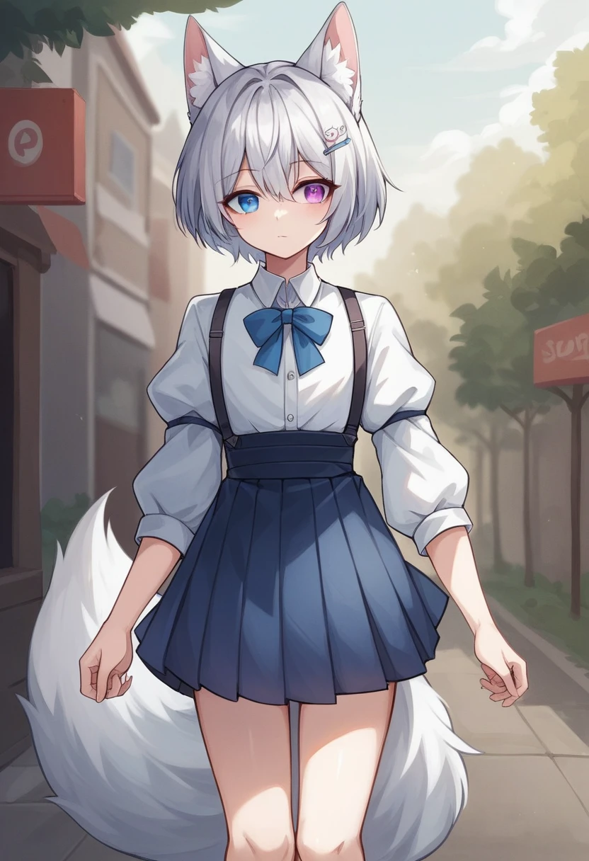 (masterpiece, best quality:1.2)((silver white hair))((heterochromia blue and violet eyes)),solo,1girl,((eyes tilted outwards)), animal_ears,averting_eyes,standing_fox_ears,fluffy_fox_tail,hair_between_eyes,basic_blue_hairpin,short_hair, bob_hair, casual_clothing, puffy_sleeves, wide_sleeves, girly_clothes, pleated_skirt