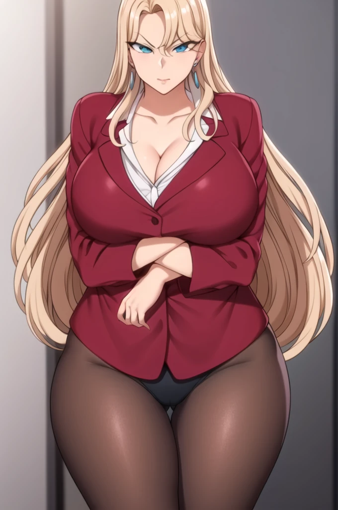 Simple White Background,
(red_jacket:1.2),long_sleeves,heart_necklace,white shirt, collared shirt,
cleavage, collarbone,
pantyhose, pencil skirt,
earrings, jewelry,Gem,
bangs, blonde_hair, blue_eyes, long_hair,
1 girl, 20yo,Young female,Beautiful Finger,Beautiful long legs,Beautiful body,
Beautiful Nose,Beautiful character design, perfect eyes, perfect face,expressive eyes,perfect balance,
looking at viewer,(Focus on her face),closed mouth, (innocent_big_eyes:1.0),(Light_Smile:0.3),
official art,extremely detailed CG unity 8k wallpaper, perfect lighting,Colorful, Bright_Front_face_Lighting,White skin,
(masterpiece:1.0),(best_quality:1.0), ultra high res,4K,ultra-detailed,
photography, 8K, HDR, highres, absurdres:1.2, Kodak portra 400, film grain, blurry background, bokeh:1.2, lens flare, (vibrant_color:1.2),professional photograph,
(Beautiful,large_Breasts:1.4), (beautiful_face:1.5),(narrow_waist), (wearing pink bra and panties), (close to viewers face), (big ass), (big breasts), (huge breasts), (thick thighs), (wide hips), (cleavage),