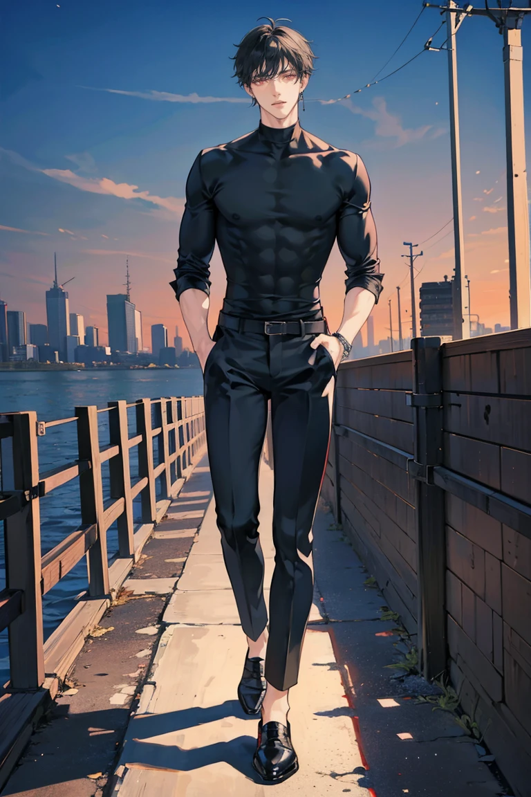 (masterpiece), best quality, seductive eyes, perfect face, handsome man, red eyes, short messy black hair, long nose, plain black compression shirt, grey fitted pants, full body, extremely tall man, long legs, long calves, anime cover, 1boy, ear piercings, hands in pockets, adult-like look, there's a beautiful city in the background