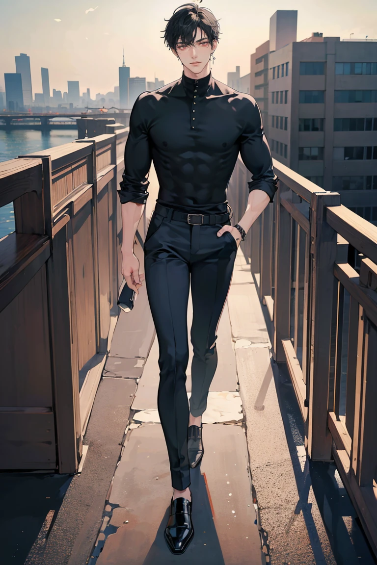 (masterpiece), best quality, seductive eyes, perfect face, handsome man, red eyes, short messy black hair, long nose, plain black compression shirt, grey fitted pants, full body, extremely tall man, long legs, long calves, anime cover, 1boy, ear piercings, hands in pockets, adult-like look, there's a beautiful city in the background