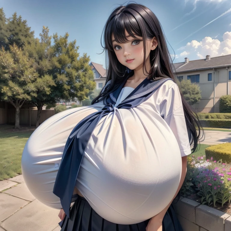 (Highest quality, 8K, 32k, masterpiece, Ultra-high resolution:1.2), Cute Japanese Girl, (gigantic breasts:1.1), Long black hair, bangs, (school uniform), Tight waist, (Outdoor, garden, blue sky),(high school girl),