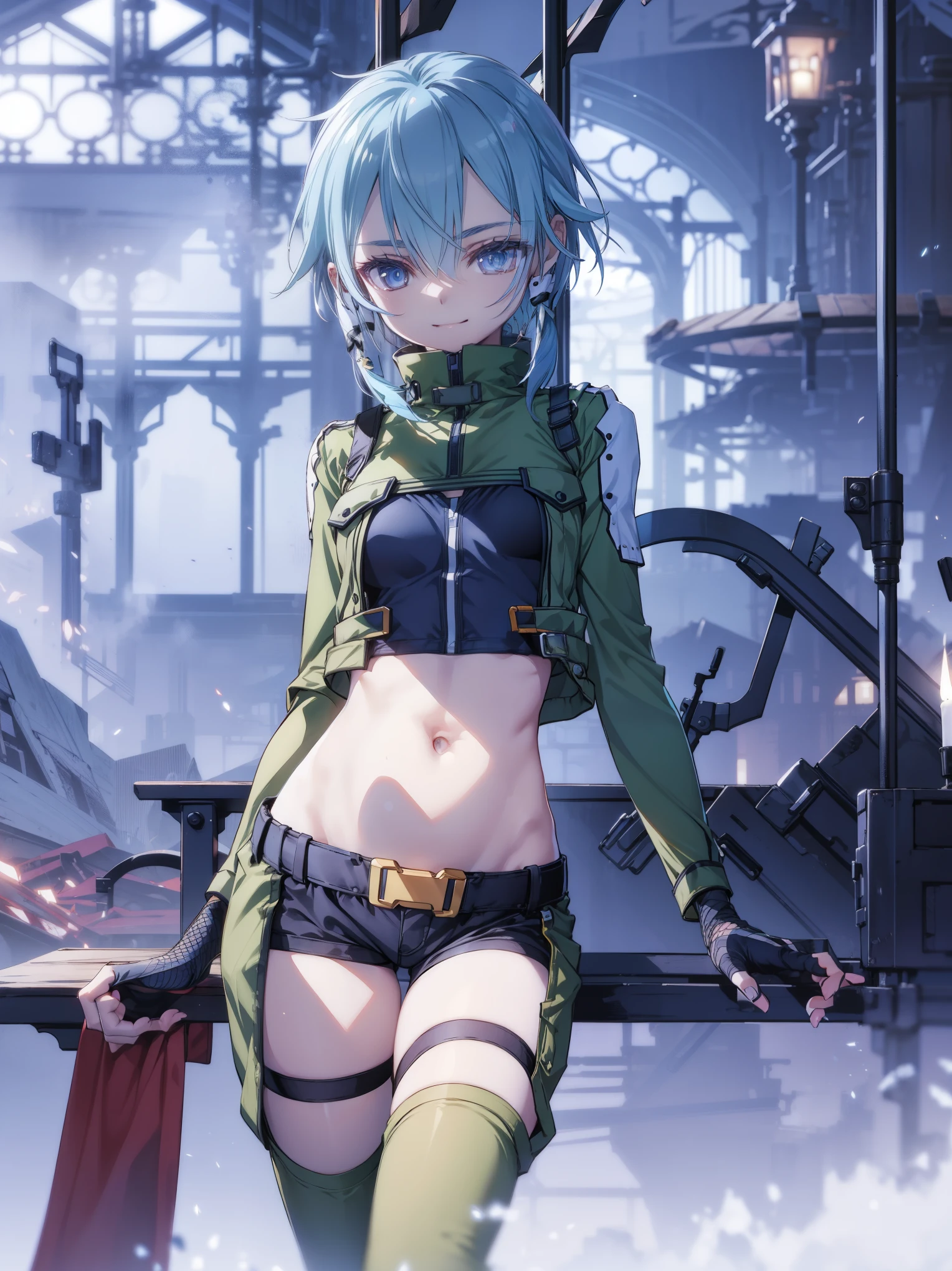 yuffiekisaragi, Yuffie Kisaragi,Haircuts, pixie cut,
壊す crop top, fingerless gloves, fishnet Thighhighs, fishnet, forehead protector, gloves, head band, belly button, short shorts, shorts, single sleeve, single thigh high, No sleeve, No sleeve turtleneck, Thighhighs, turtleneck,
bench、blue sky、smile, solo,rising_leg