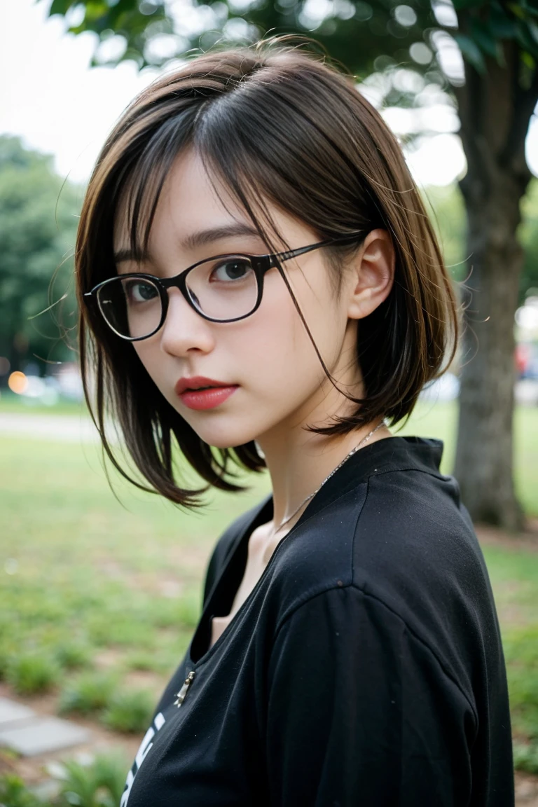 Punk girl with glasses and a black shirt, Blurred green grass and trees in the background々, Short brown hair, Detailed face, high quality, High resolution