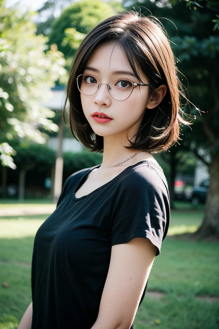 Punk girl with glasses and a black shirt, Blurred green grass and trees in the background々, Short brown hair, Detailed face, high quality, High resolution
