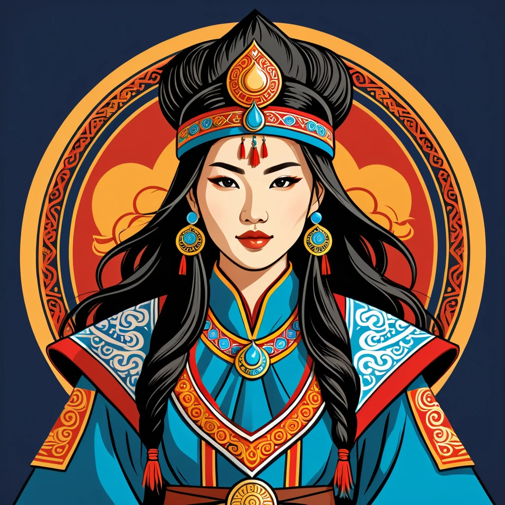female sorcerer in mongolian folk outfit, vector graphics, strong contours, logo design