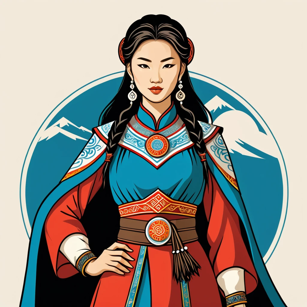 female sorcerer in mongolian folk outfit, vector graphics, strong contours, logo design
