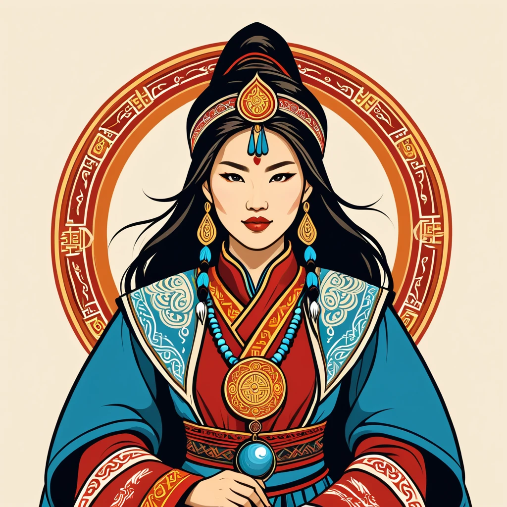 female sorcerer in mongolian folk outfit, vector graphics, strong contours, logo design