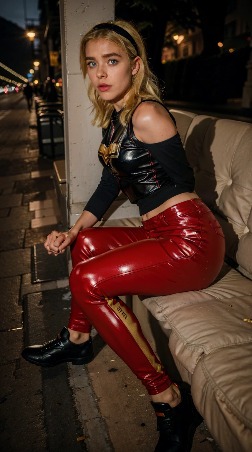 Masterpiece, Best quality, (solo girl), , (photorealistic1.4), (epiCRealLife), (flashphoto), (UHD), (young woman), (blonde hair), (blue eyes), (Wondergirl_YJ latex black armor costume), (Wondergirl_YJ black hairband) (long red Wondergirl_YJ sweat pants), (Wondergirl_YJ black costume) (, (outdoor ), (Paris Street), (Eifel Tower), (red jogging pants), (Kiernan Shipka demure), ),(sks woman), (from side), (sitting on bench),