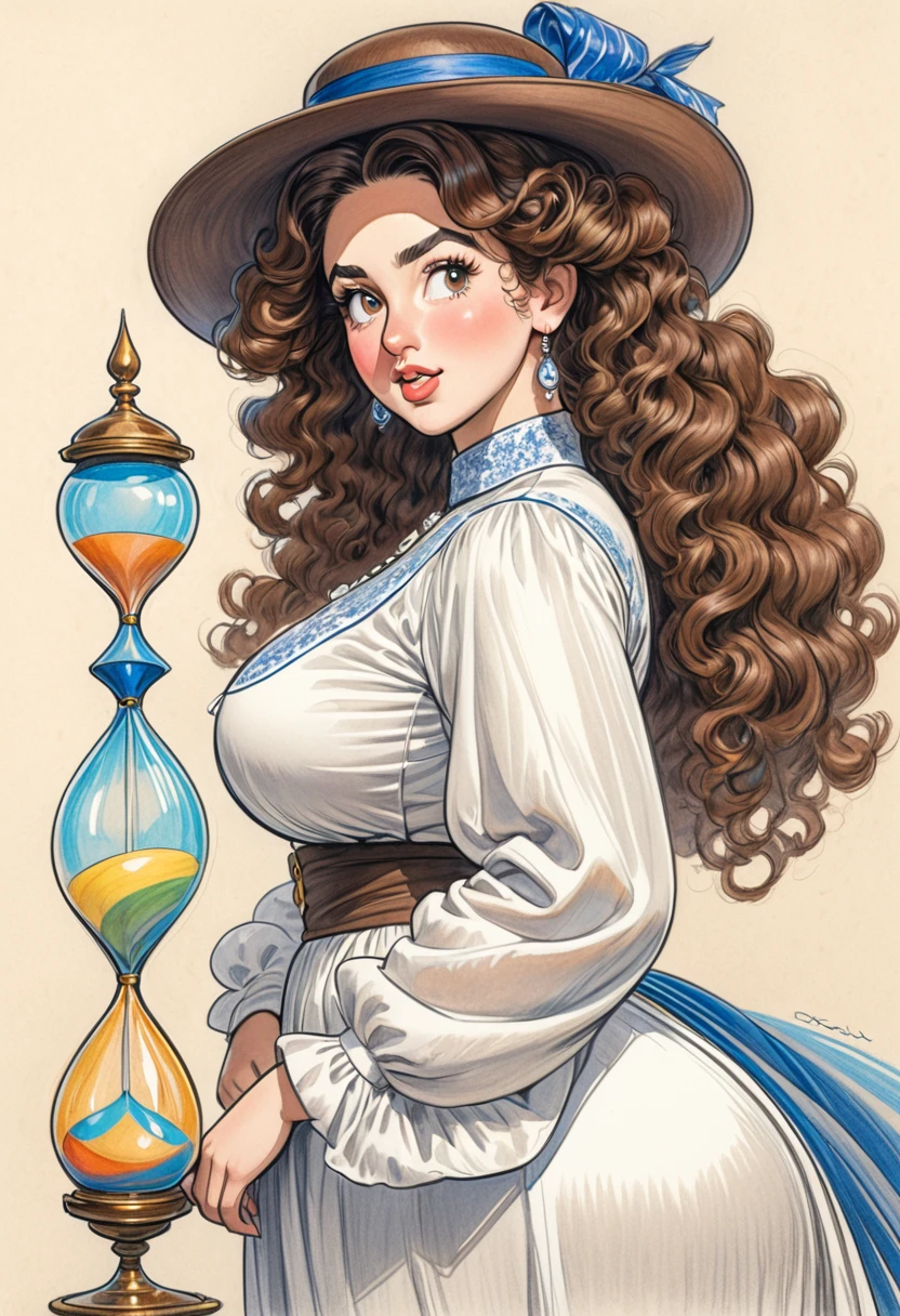 a colored pencil sketch of A beautful jewish women with a thick bushy unibrow and a large bulbous nose. Thick, intense, curly, frizzy, long brown hair. Hair that screams: Jew. Traditional dress, luxurious long dress、hat. curvy hourglass figure. 