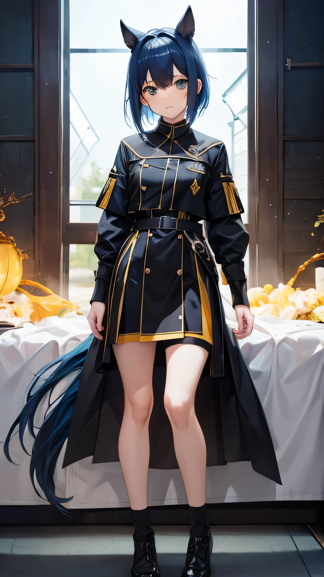 Full Body Focus,Deep Impact personified,The dignity of a king,Horse-eared beauty,Horse tail,Horse Girl,Based on black and yellow、Clothing with a lightning motif,Highest quality,Sharp focus,Blue Hair,Short Side Cut Hair