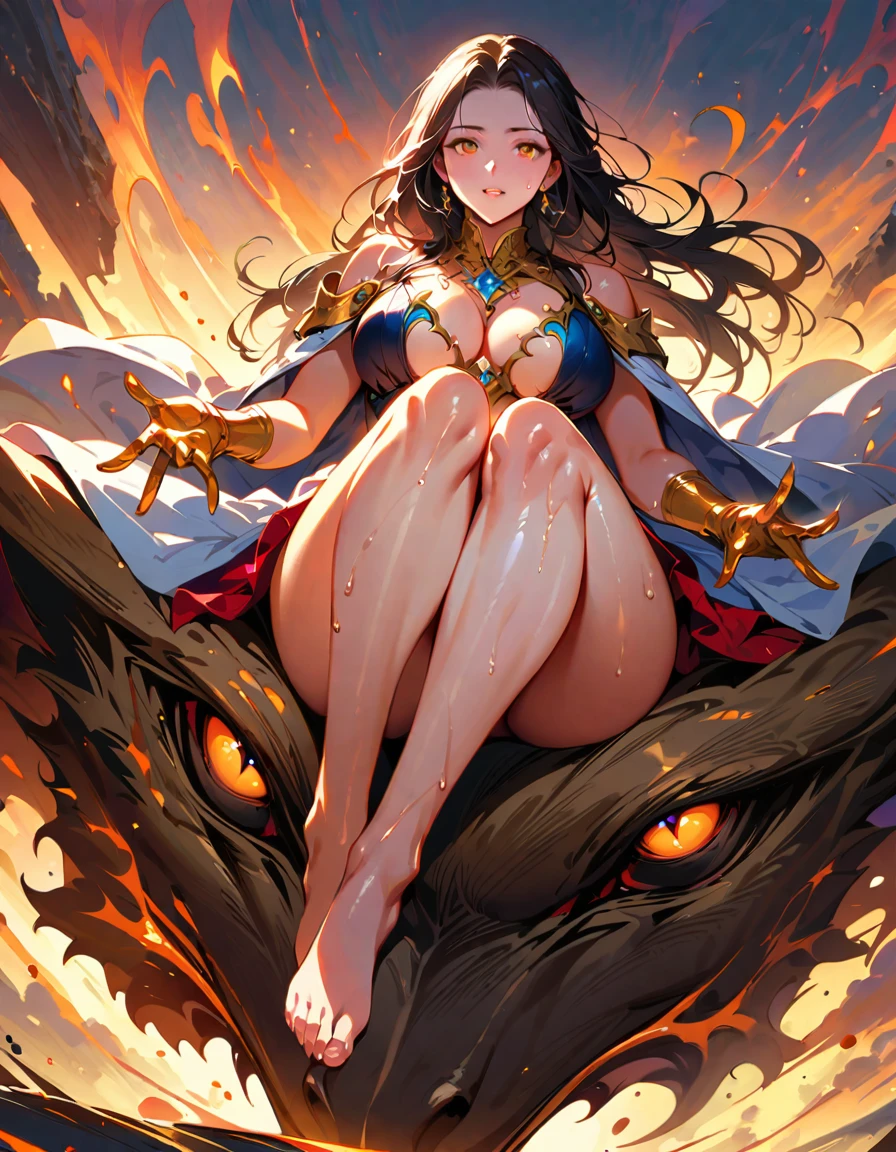 Young beautiful woman,Riding on a big cat,(Highest quality,Extremely detailed depiction,Incredibly absurd high resolution,Anatomically accurate depiction,Nice hands, Perfect Fingers,Curvy Legs),(Glowing Skin,Shiny skin),There is cleavage in the chest,Glossy Lips,Sweat,background:Mysterious sight,Fantasy