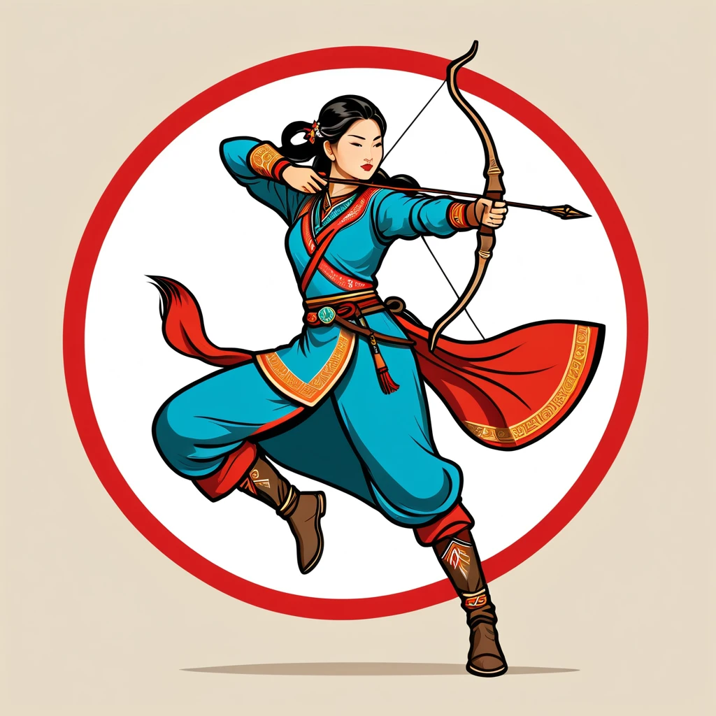 female archer in mongolian folk outfit, vector graphics, strong contours, logo design
