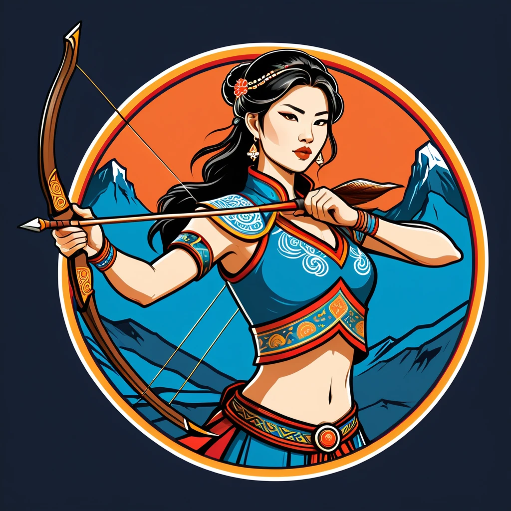 female archer in mongolian folk outfit, vector graphics, strong contours, logo design
