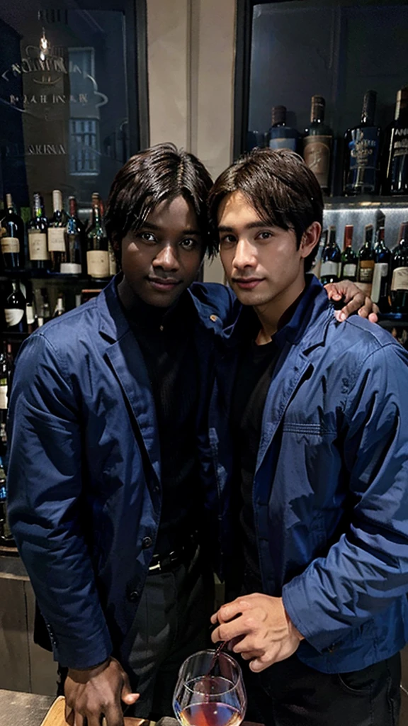 2 boys, dark skin, blue jacket, classic bar with wine, drinking wine