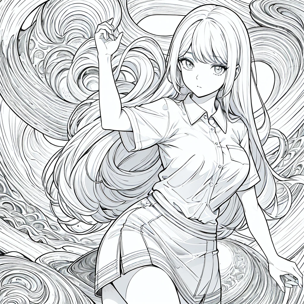 1woman, woman, 19 years old, student, detailed eyes, quality eyes, Wear a shirt, Short sleeve, (Untucked shirt:1), (masterpiece:1.2), ((最high quality)), Untucked shirt, Wearing a long pencil skirt, whole body, anime Line art, Line art, manga, Monochrome, high quality, detailed