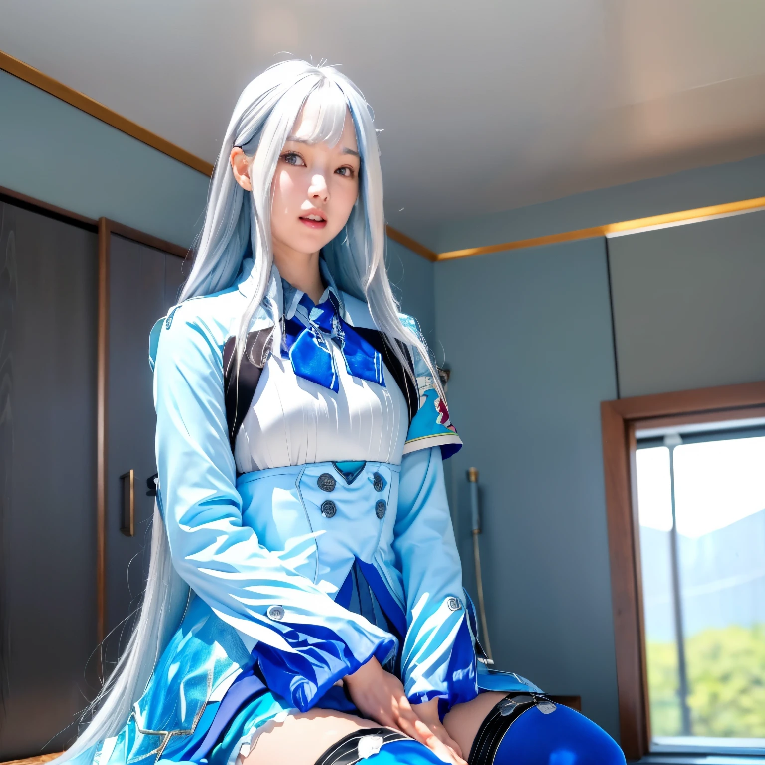 grab,(((Liz Hellesta))),(Liz Hellesta髪),((Dressed seriously)),(((Do not expose breasts))),masterpiece, Highest quality ,(1 beautiful woman), Liz Hell,cameltoe,(Straight gray straight hair,((Bangs)),((Beautiful Japanese woman face)),Thin face,((Thin cheeks)),Beautiful woman face,Precise depiction,Excellent costume design, (Small breasts), Slender upper body,(8k Full Body RAW Photo), (Highly detailed skin: 1.2), ((Oily skin)),smile, Highly detailed face, ((Grey Hair)),fine grain, (((Sweaty body))), (((Oily skin))),Inside the room,1 Girl,Open your mouth,(((Open your eyes))),(((View your viewers))),Look this way,(((Open your eyes))),(((Open your eyes))),,(Realistic:1.0),Front view,1girl,Hair Ornament Net、Long Hair、Long sleeve、((Blue thigh-high socks in silk fabric))、((Armband))、Blue pleated mini skirt、((White jacket, cotton material))、(tight white shirt)、Blue Skirt、((Metallic black thigh straps)),(((Front view))),View your viewers,((Open your mouth)),Showing teeth,Constricted eyes,(((blush,shame))),(((Puzzled expression))),Ecstasy, Heavy breathing, Open your mouth, Female orgasm,