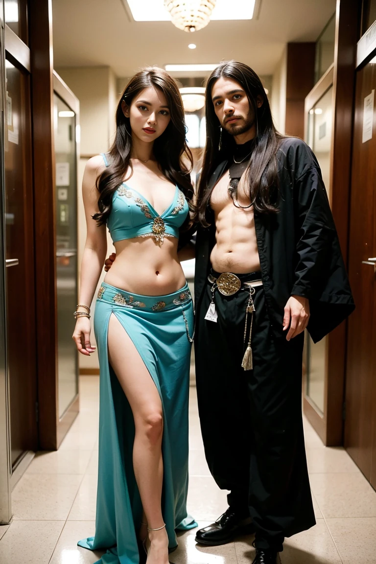 Two people dressed in costumes standing next to each other, Tom Bagshaw and Sabbath Aptera, Music video stills, She is dressed as a belly dancer, People in the elevator々Group of, 70&#39;s visuals, Great detail full face, Movie stills, Medieval peasants, Behind the scenes at Fashion Week, Andrej Korktin, Bohemian, Pre-Raphaelites  