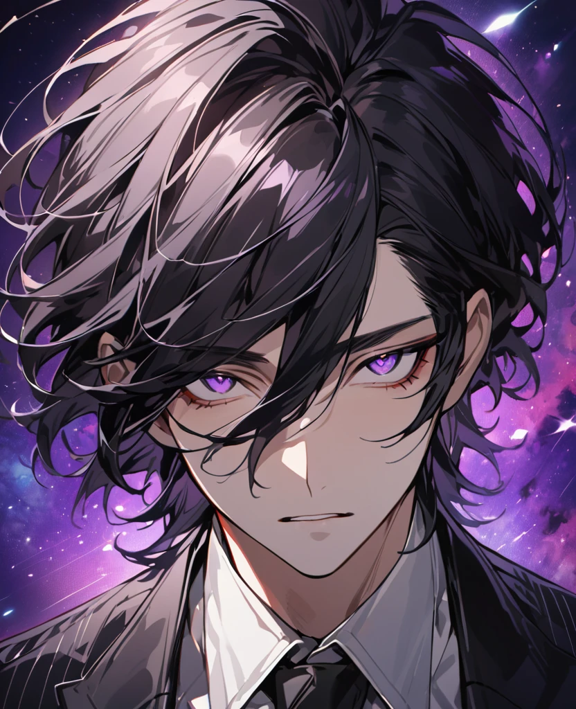 (black_hair), (long_male_hair), (deep_purple_eyes), (high_detailed_eyes), (attractive), (emotionless), (Deep_space_background), (male), (wearing _a_black_suit), (long_male_hair), (detailed_Hair), (detailed), (detailed_mouth), (close_up), (vertical_slit_pupils)