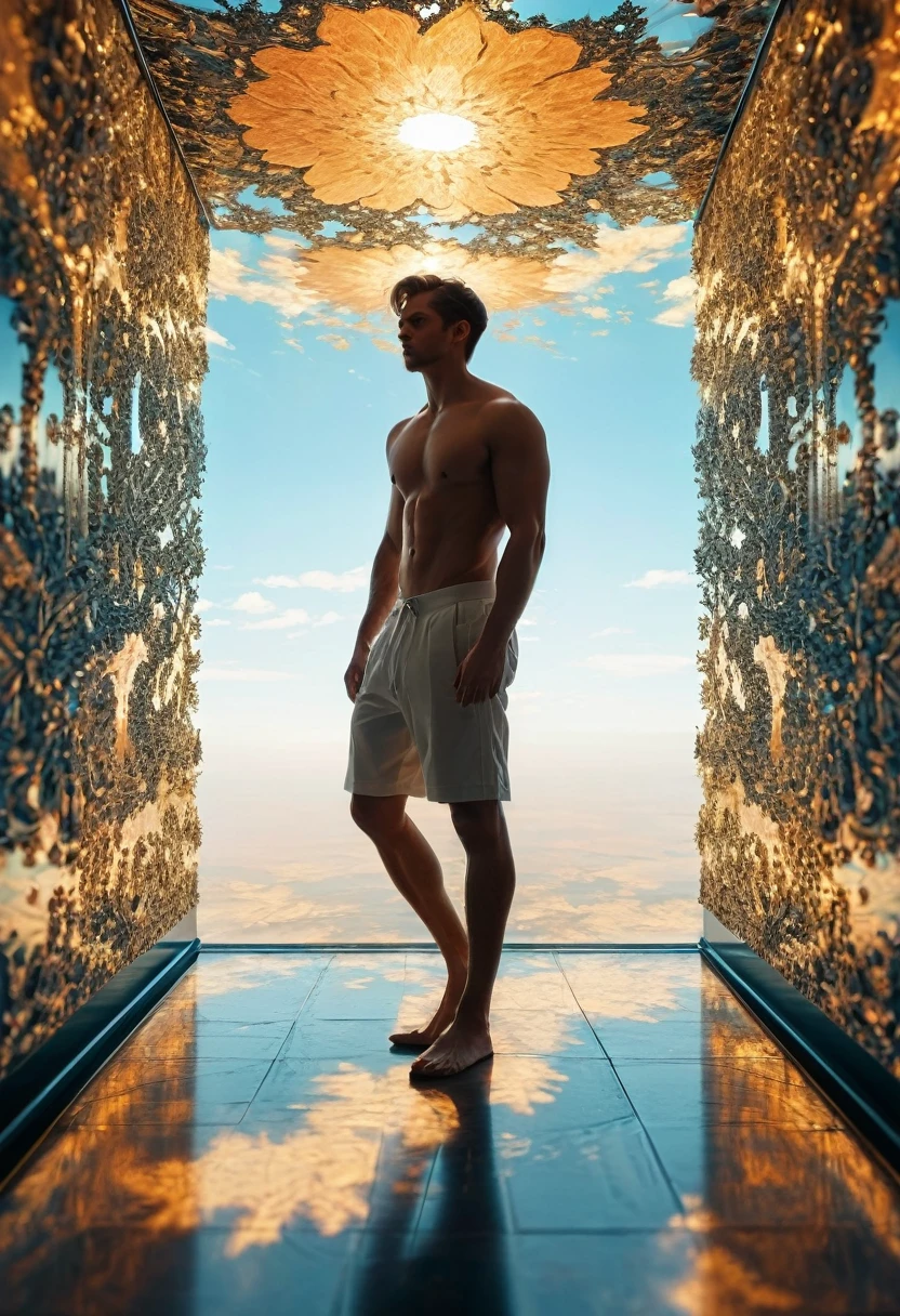 handsome hunk naked men from behind ((a infinite:twisted corridor)),fractal patterns,mandelbrot fractal patterns,,((optical illusion)),professional fashion photography,best photographic quality,cinematic,movie still,,realistic shadows,dynamic shadows,intricate shadow details,warm light contrast,masterpiece,bing wallpaper,trending on pinterest