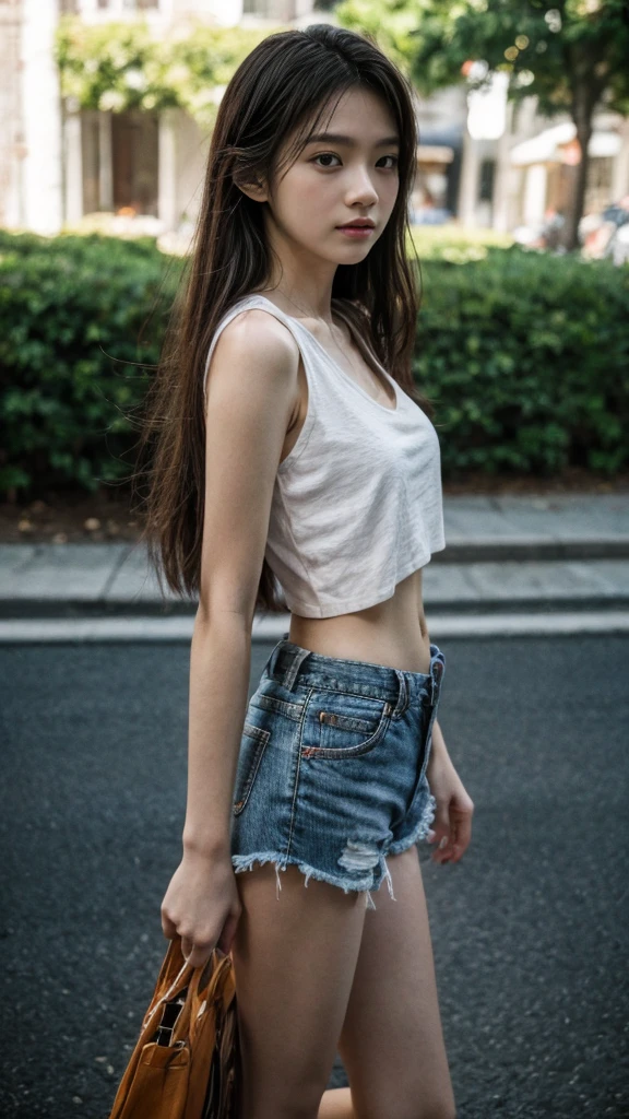 1girl, solo, long hair, looking at viewer, shirt, black hair, standing, outdoors, sky, shorts, day, midriff, short shorts, cameltoe, realistic, high detail, modern, cinematic lighting, motion blur, blurry, film grain, bokeh, f/16, Fujifilm, masterpiece, textured skin, super detail, 8k