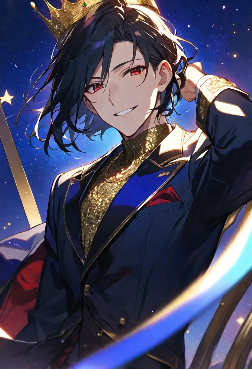 alone,good looking,
1. male,
bangs,Straight hair,Bob Hair, ,
Black Hair,
Satoru Gojo ,
Red eyes,Soft impression,
beautiful,Sexy,darkness,Gold Necklace,
suit ,smile,King,crown,Slender,
Simple Background ,
Starry sky background,Backlight, Blur, Illustration,