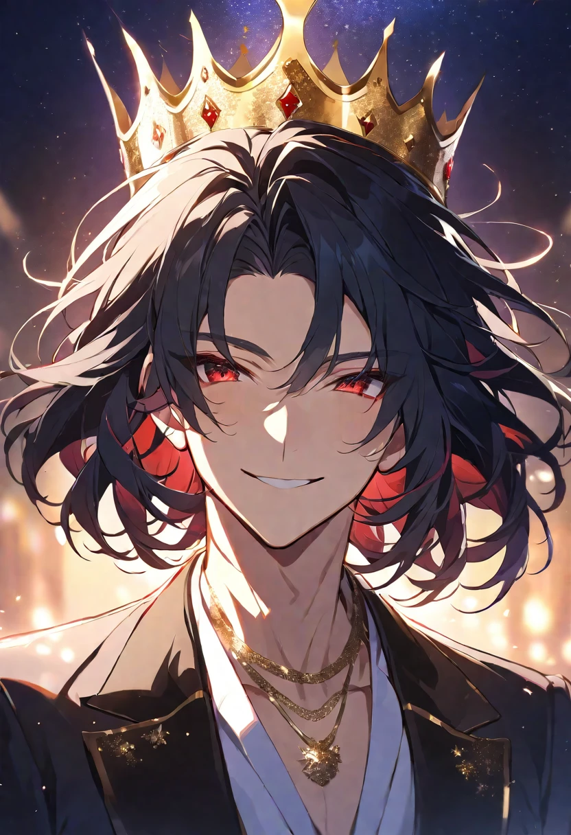 alone,good looking,
1. male,
bangs,Straight hair,Bob Hair, ,
Black Hair,
Satoru Gojo ,
Red eyes,Soft impression,
beautiful,Sexy,darkness,Gold Necklace,
suit ,smile,King,crown,Slender,
Simple Background ,
Starry sky background,Backlight, Blur, Illustration,