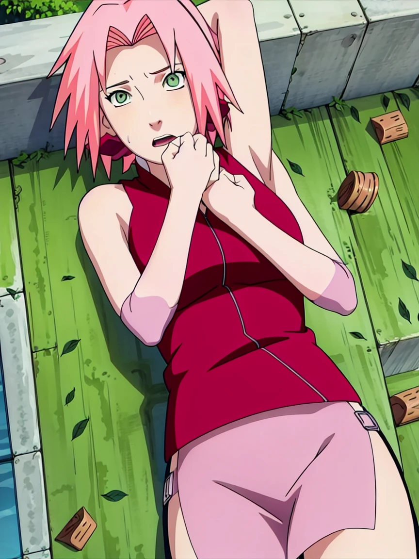 ((((Special style illustrations:1.0)))),best quality,The best animation,Create a masterpiece,Ray tracing, global illumination,upside down,1 girl,only, Knees up, Sakura Haruno , NSTDA., quality green eyes), Naked, Naked, Naked、1 girl, only, beautiful face, eyelash, nose, Glossy lip surface: 1.5), Fine skin, short cut, full body, Professional lighting, Slim figure, one woman, rift, Close your eyes., lips, short hair, open mouth, photo_ (medium sized), sleep, small size, only, (Create a masterpiece), (photoreal: 1.3), NBTC........., Superb details, (Highly detailed skin: 1.2), (best quality: 1.0), (Ultra high resolution: 1.0), lie down, Armpit hair, outdoor, In the forest, Lie on your back., Drooling, sexy tits, Bangs, sweat a lot, look at suffering..., expression of pain, information