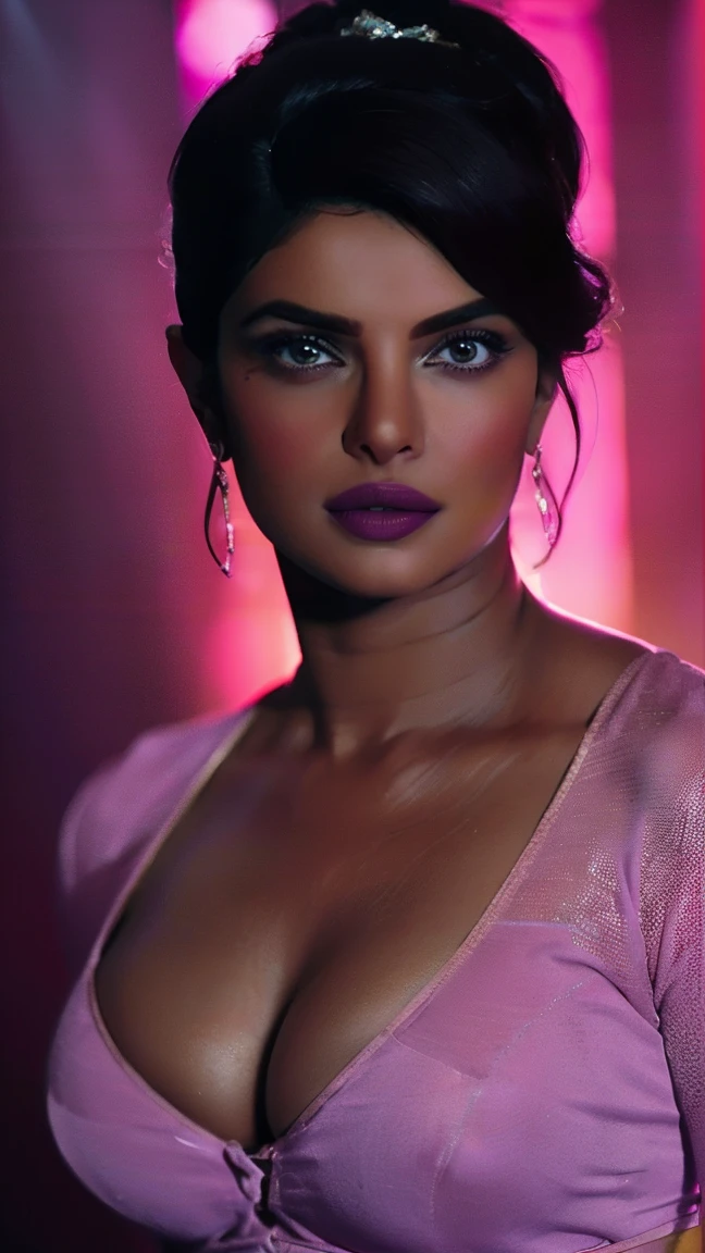 ((Indian milf, indian woman, milf)), (((ultra realistic))) Photo, priyanka chopra, masterpiece, top quality, (pale skin), (Ultra detailed face and eyes:1.2), 1 girl, Adult, ((in one size too small tight lingerie)), strapless bra, ((very heavy eye makeup, pink mascara)), ((fake detailed lips)), ((Pink wavy hair)), ((Stylish hairstyle)) , (({Enormous|Gigantic|Big|Huge|Mega|Fake} pushed-up breasts)), (very slim waist). ((very huge cleavage)), photoshoot, (Soft) Lighting, (The play of light and shadows), depth of field, bokeh, (special attention to skin detail: 1.2), (special attention to enormous breast size: 1.2), (((special attention to extra tight clothing size: 1.2))), Detailed texture, skin pores, oily skin. (Erotic atmosphere of the frame. Color range - purple, Pink, Tons), UDR, ((Film grain)), ((rays)), (Glare), ((upper body body)) , ultra detialed,