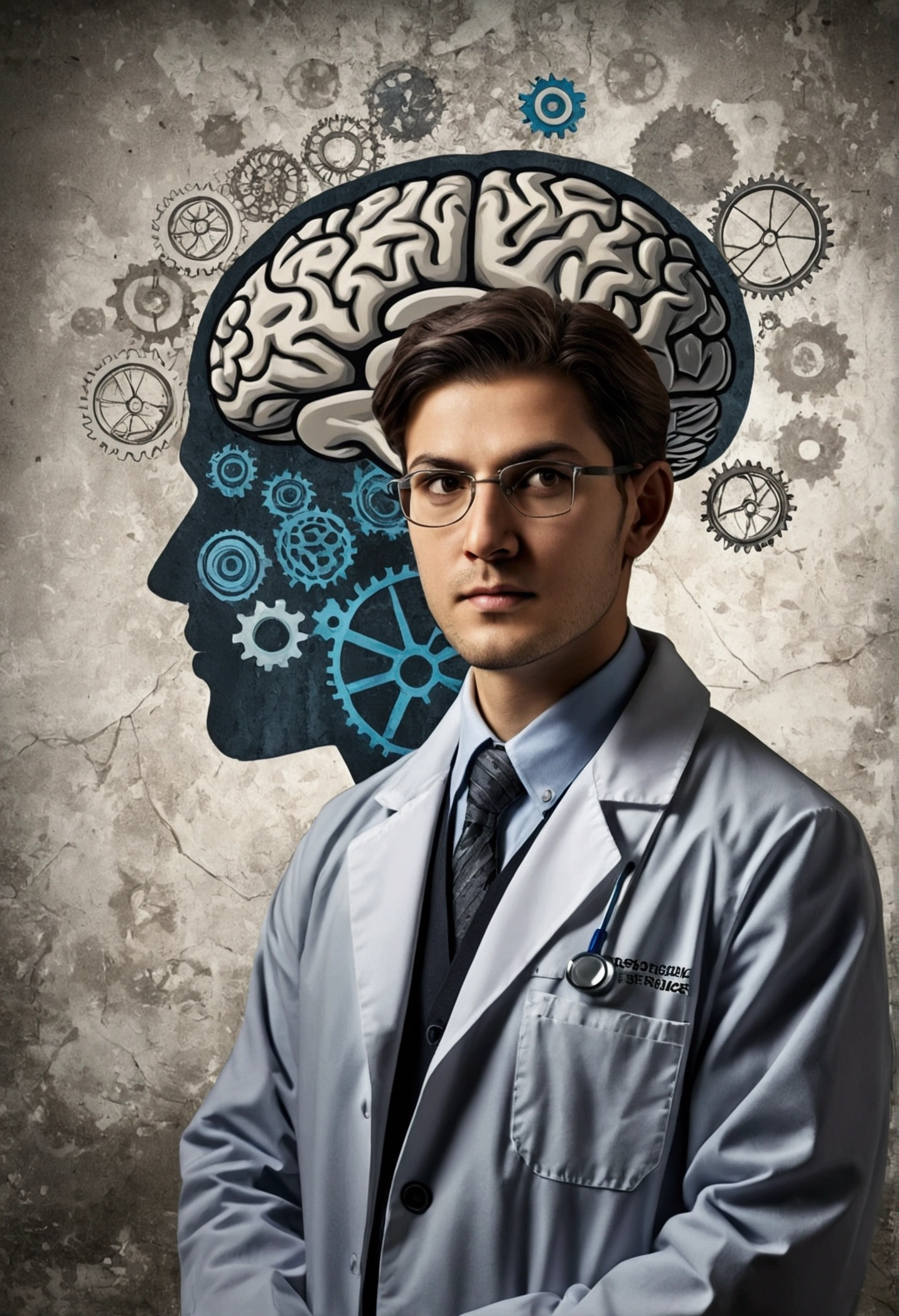 A young doctor, scientist in gray coat, Old wall background with illustration of a brain, neurology scenario