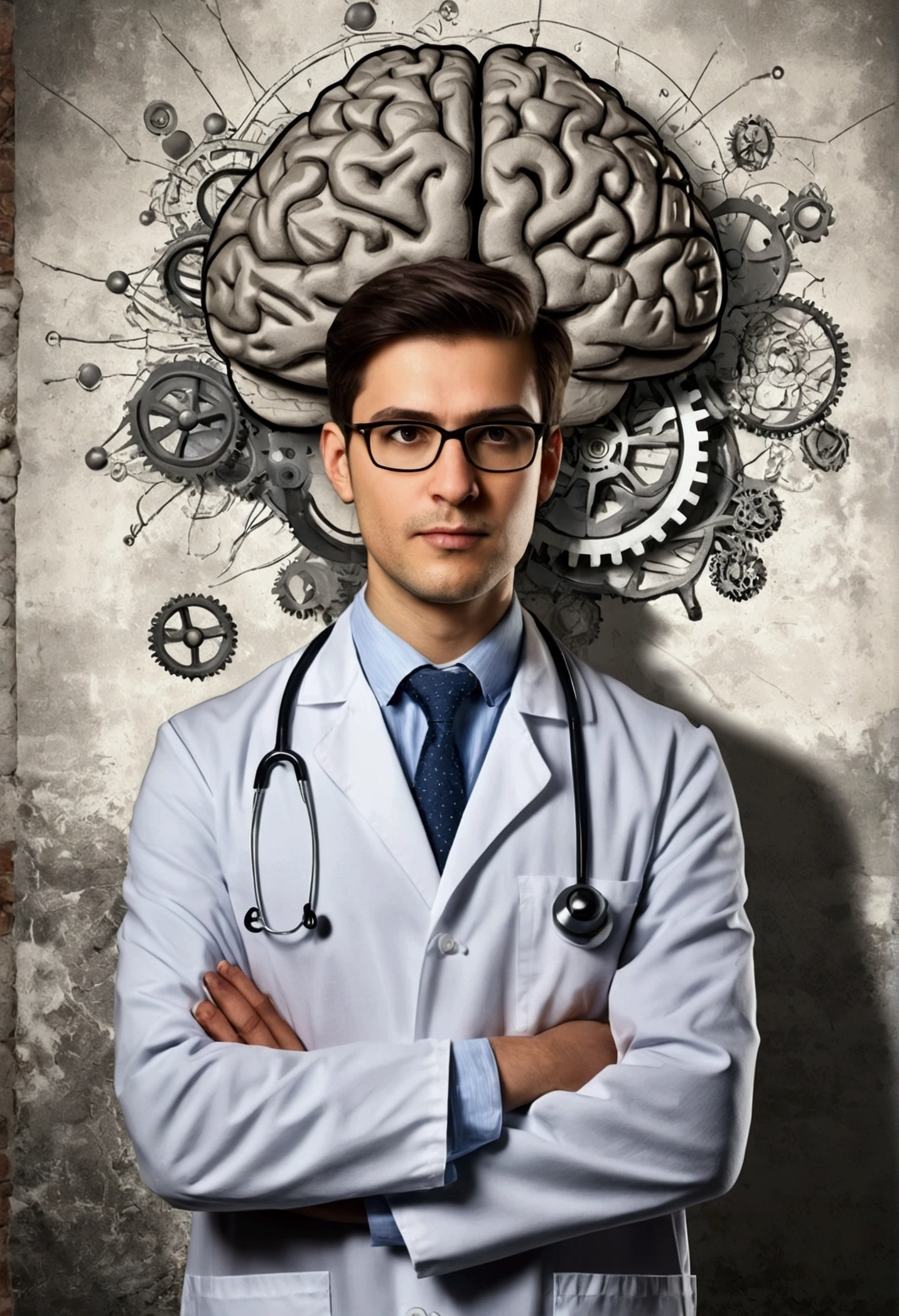 A young doctor, scientist in gray coat, Old wall background with illustration of a brain, neurology scenario, graphics and lots of gears
