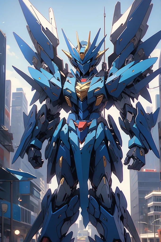 blue gundam, giant, feminine, city background