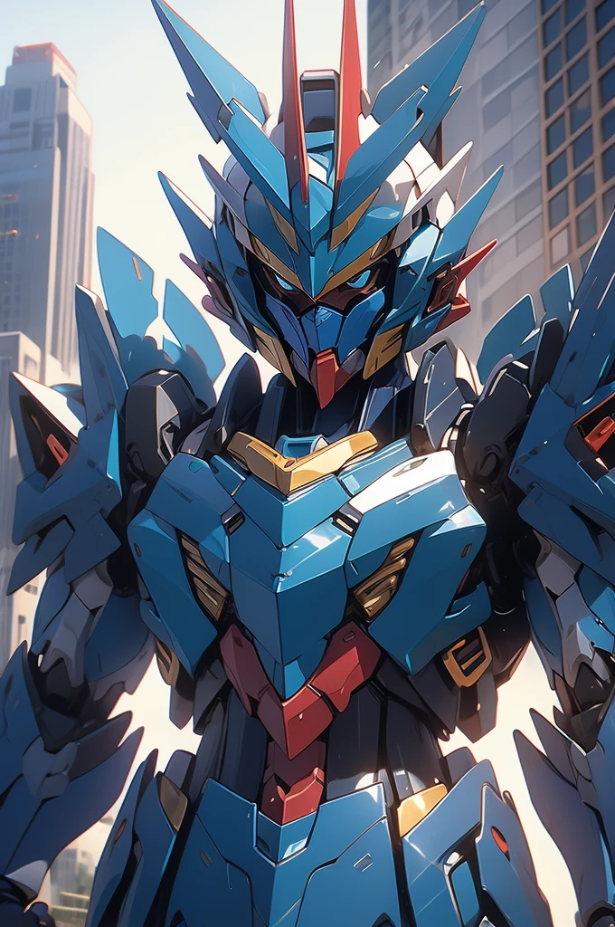 blue gundam, giant, feminine, city background