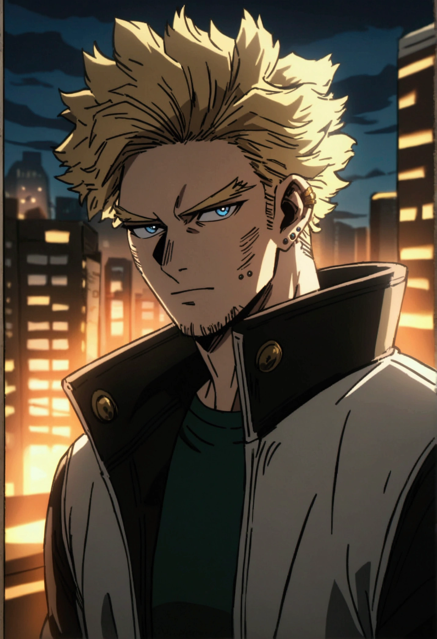  A man, blond hair, piercing blue eyes, detailed facial features, handsome, well-groomed, distinguished, confident expression, wearing a "My Hero Academia" jacket  , urban city background, my hero academy art style, boku no hero art , 8k, high quality, masterpiece, dramatic lighting, cinematic, vivid colors