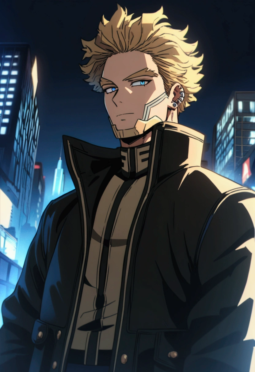  A man, blond hair, piercing blue eyes, detailed facial features, handsome, well-groomed, distinguished, confident expression, wearing a "My Hero Academia" jacket  , urban city background, my hero academy art style, boku no hero art , 8k, high quality, masterpiece, dramatic lighting, cinematic, vivid colors