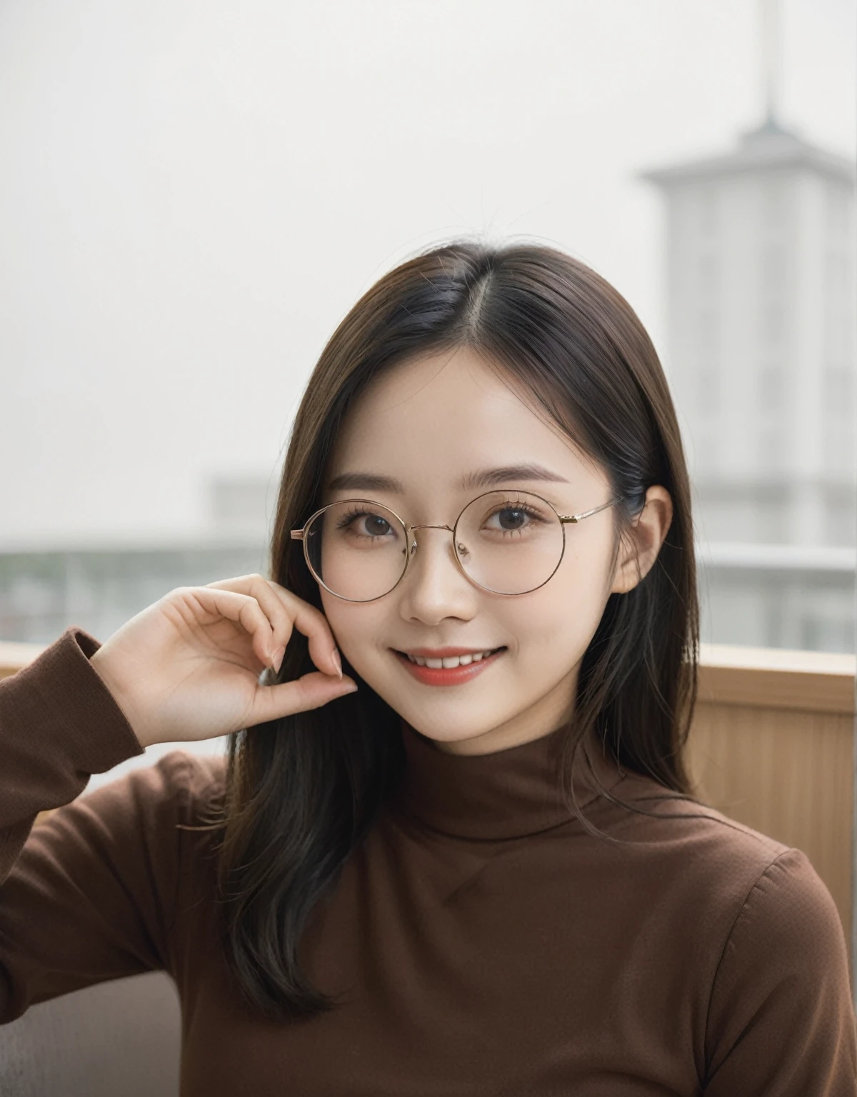 there is a woman wear glasses and a brown shirt smiling, wear glasses, xintong chen, Wearing thin, large round glasses, wenfei ye, Wearing small round glasses, Cui Xianhua, wear glasses on, student, Nam Jae-yeon, Chengyou Liu, xision wu, qifeng lin, li zixin, a girl with round glasses, 27 years old
