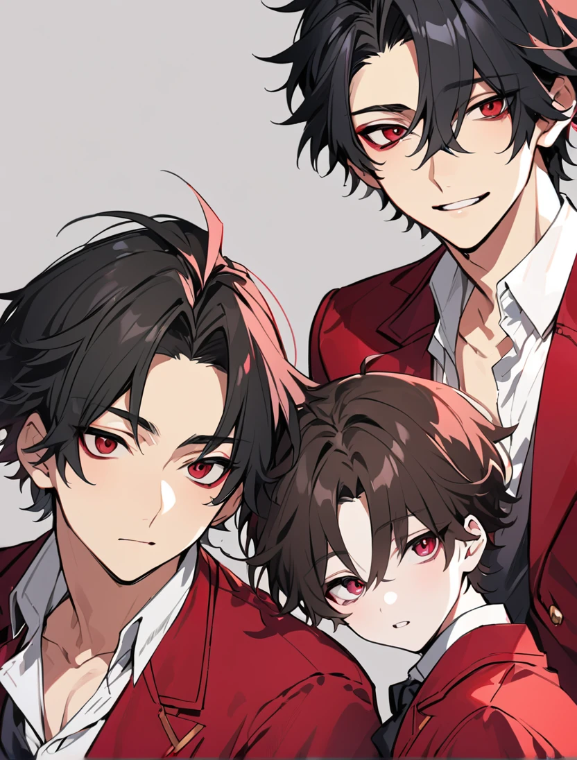 (black_hair), (short_hair), (red_ruby_eyes), (Handsome), (Attractive), (male), (unique_black_highschool_uniform), (detailed_Hair), (detailed_mouth), (r), (dark_under_eyes), (japanese)