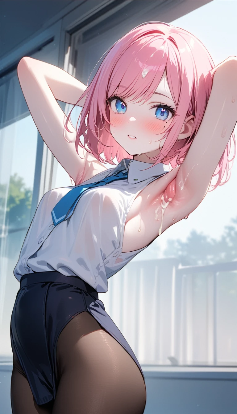 (nfsw:1.2),(1 girl),(Best Picture Quality, 8K, Masterpiece:1.3), (high school student:1.5), ((pink lob hair:1.1)), (bob cut),(swept bangs), (cute eyes, pupil black, iris skyblue, youthful face), (mole under right eye), (standard weight), (small breasts), (glistening skin:1.1),(pale skin:1.2),((sleeveless shirt)),(black pantyhose),(sweat),((fog skin:1.1)),((hold penis between armpit)), cum on armpit,Penis tucked under the arm