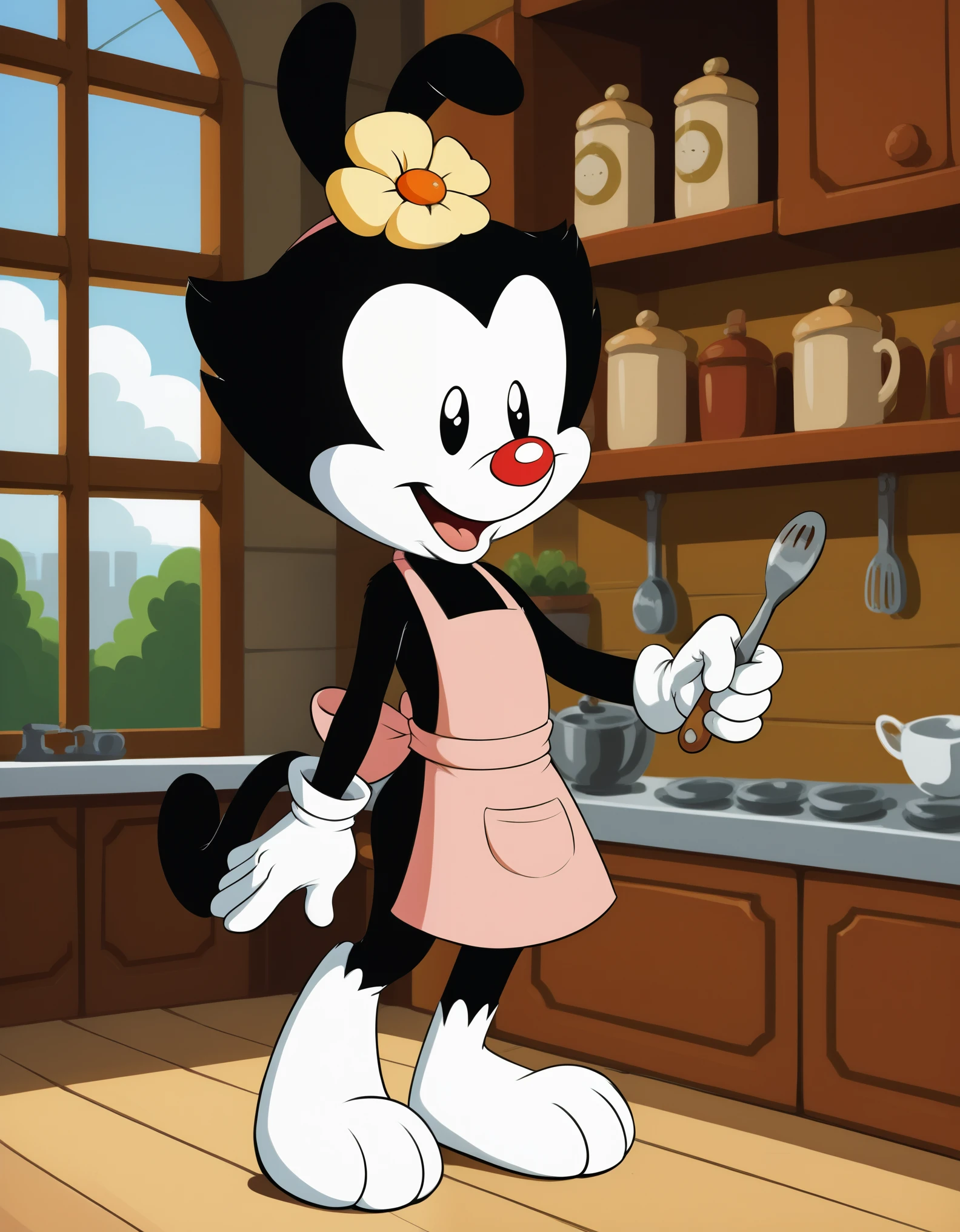 score_9, score_8_up, score_8,  furry, solo, 1girl,  animal ears, d0tw4n3r, hair ornament, hair flower, white gloves, tail,  apron, uniform,