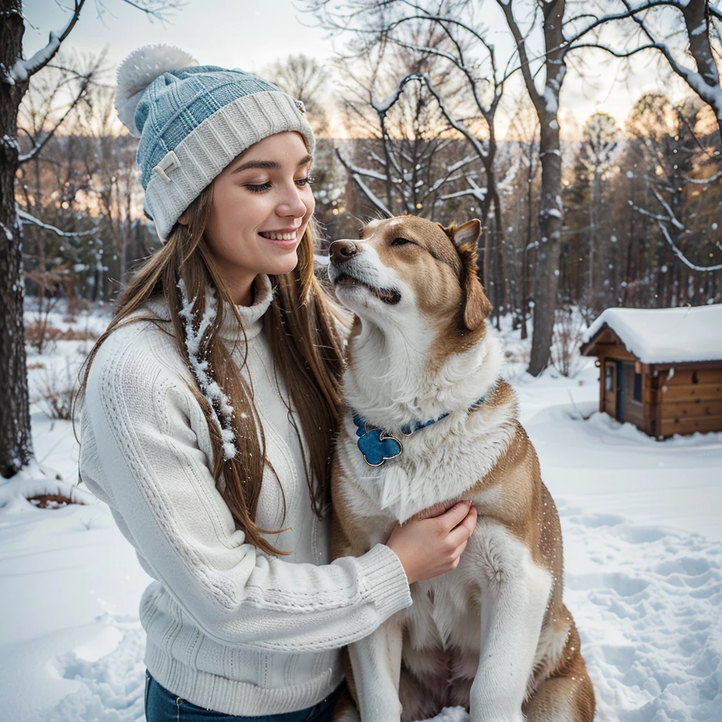 Candid outdoor photograph featuring a woman and a dog. The woman has long blonde hair, light skin, and is wearing a white knit beanie and a blue lace top. She is looking affectionately at the dog she is holding. The dog is a light brown, long-haired breed with snow on its nose and paws. The background shows a snowy landscape with leafless trees, indicating a winter setting. The overall mood of the image is warm and joyful, capturing a moment of connection between the woman and her pet.