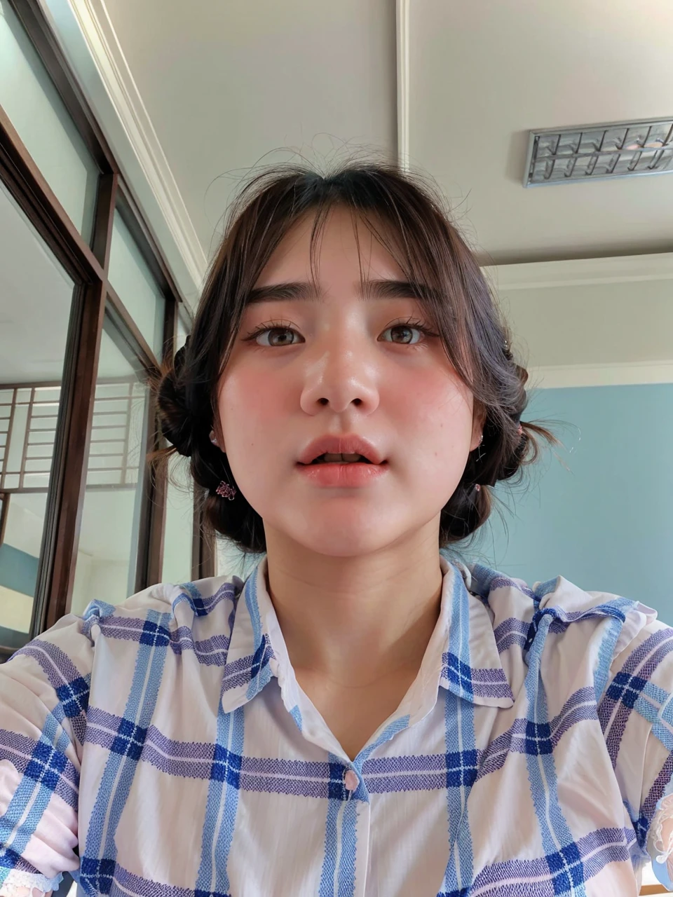 a beautiful 20-year-old woman with baby face,white skin,large breasts,sleeveless off-the-shoulder japanese kimono,pastel pink and blue colors,lace,embroidery details,athletic muscular build,twintails and bangs,open mouth expression,dramatic vintage lighting,yakuza style tattoo,masterpiece,adorable,beautiful large eyes,hdr,fish gape selfie