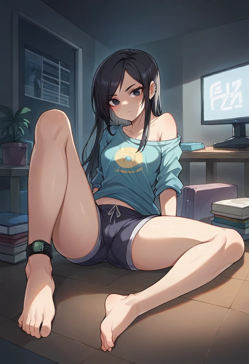 There is a girl sitting on the bed in the room and playing video games,Black Hair,Beautiful long hair, Large-screen TV,  Room with books, cyber punk, Young Girl,Inspired by Liam Wong, At night, Dark Room, Lo-fi illustration style, Gamer Room, Watch TV in your room, Cyril rolled around.W Karuta, Teenm,