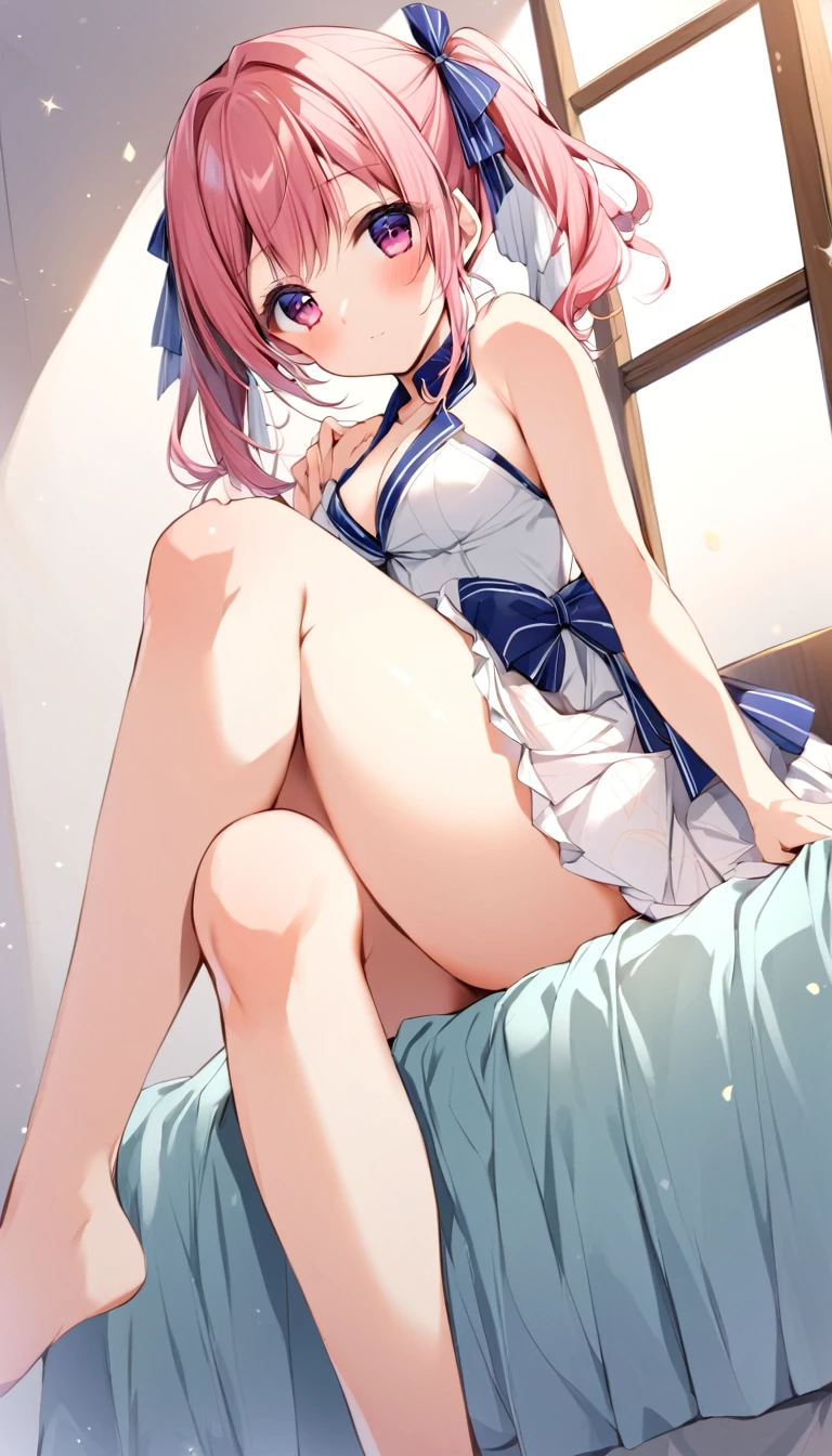 there is a woman Sitting on the bed with her legs crossed, Yoshitomo Nara, Real young gravure idol, Young Sensual Gravure Idol, Sit on the bed, Japanese Model, A sophisticated gravure idol, Japanese Goddess, Sitting on the bed, Beautiful face with arms and legs, Young and cute gravure idol, Sit on the edge of the bed