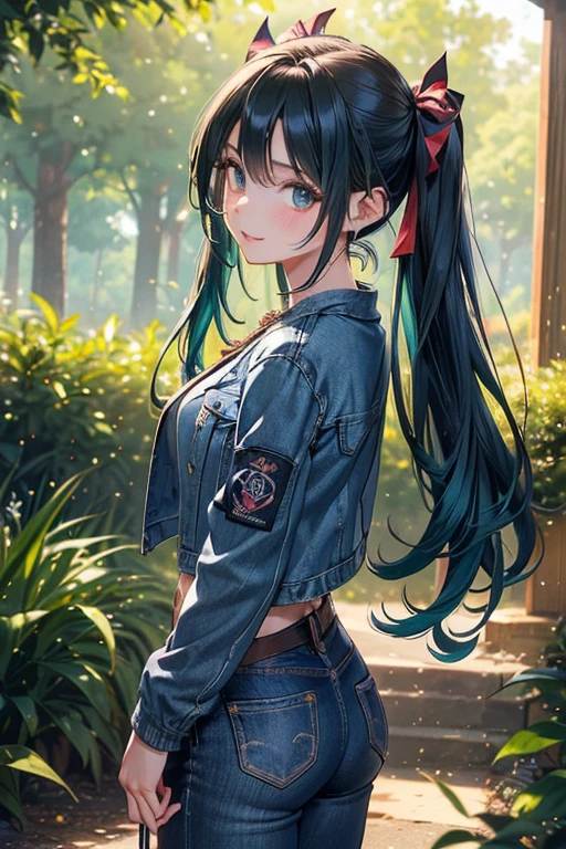 #基本
女の子がphotographのポーズをとっている, ((One Girl)), (((Baby Face:1.2)) + ((cute:1.3))),
#女の子がphotographのポーズをとっている, ((One Girl)), (((Baby Face)) + ((cute)) + 16 years old),
break
#Clothing Accessories
((Wearing a blue denim jacket), (Long denim pants)), black high heel sandals,
red gem earrings, Fancy Necklace,
break
#Features
(Emerald green hair:1.2), (Chest-length sideburns), (Twin tails : Long Hair + Thin Hair + Straight hair + Black string ribbon),
(Droopy eyes, blue eyes), (Very small breasts),
break
#background environment
(noon, (A forest in a summer resort bathed in sunlight, The villa is visible)),
#Facial Expression Pose
((smile:1.4, blush), (Put your hands behind your head, Back view, turn around)),
#composition
((To the camera, Focus from the front, Cowboy Shot)),
break
#Body parts elements
(Slim figure),
(Detailed Hair, Beautiful Hair, Shiny Hair),
(double eyelid, Long eyelashes),
(Expression of fine eyes, Beautiful and delicate eyes, Sparkling eyes, Eye Reflexes, Glitter Eyeliner, Big eyes:1.2),
(Human Ear),
(Beautiful Nose, Thin Nose),
(Glossy Lips, Beautiful Lips, Thick lips, Glossy Lips, Natural Cheeks),
(Detailed face, Symmetrical facial features),
(Detailed skin, Textured skin, Beautiful Skin, Glowing Skin),
break
#Quality Image Quality Common
(((Highest quality)), ((masterpiece)), ((Very detailed))), ((High resolution)), ((16K,1080P)),
(Anatomically correct), (Realistic), (3DCG),
#Quality image illustration
((comics, anime)), CG illustration,
#Quality image quality realistic
#(photo-Realistic:1.37), (Photorealistic), ((RAWphotograph)), (photograph),