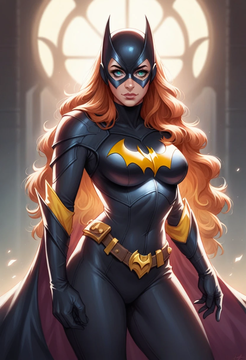 A highly detailed, epic female character in video game style armor, similar to Batgirl from the Batman movies, beautiful detailed eyes, beautiful detailed lips, extremely detailed eyes and face, long eyelashes, detailed armor, intricate designs, beautiful flowing hair, dynamic pose, dramatic lighting, cinematic composition, deep rich colors, fantasy, digital art, 8k, high resolution, photorealistic, masterpiece