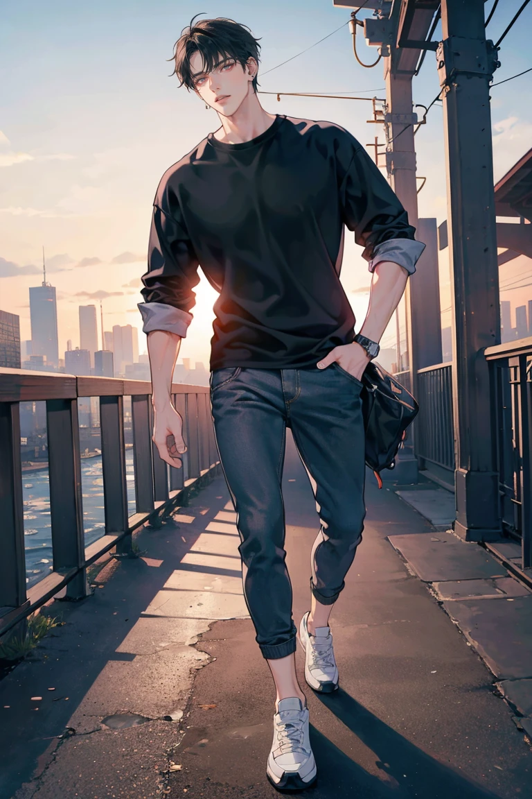 (masterpiece), best quality, seductive eyes, perfect face, handsome man, red eyes, short messy black hair, long nose, plain t-shirt, grey fitted pants, black sneakers, full body, extremely tall man, long legs, long calves, anime cover, 1boy, ear piercings, hands in pockets, adult-like look, there's a beautiful city in the background