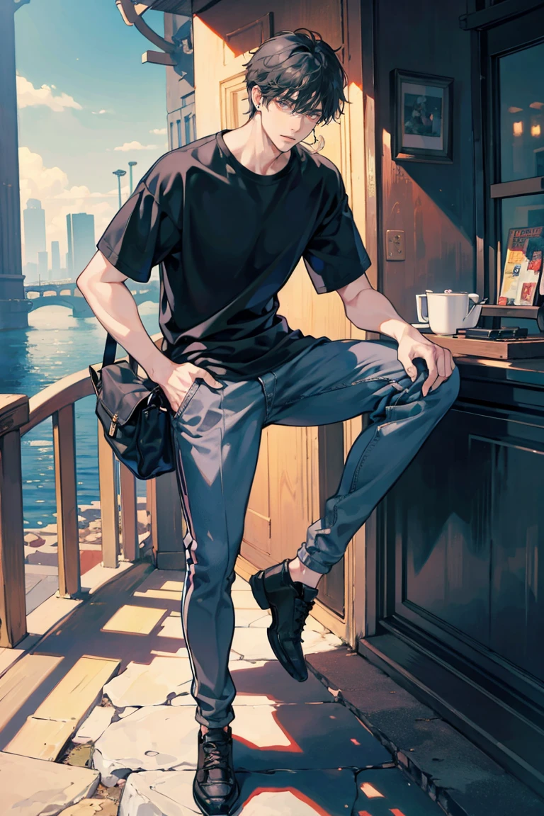 (masterpiece), best quality, seductive eyes, perfect face, handsome man, red eyes, short messy black hair, long nose, plain t-shirt, grey fitted pants, black sneakers, full body, extremely tall man, long legs, long calves, anime cover, 1boy, ear piercings, hands in pockets, adult-like look, there's a beautiful city in the background