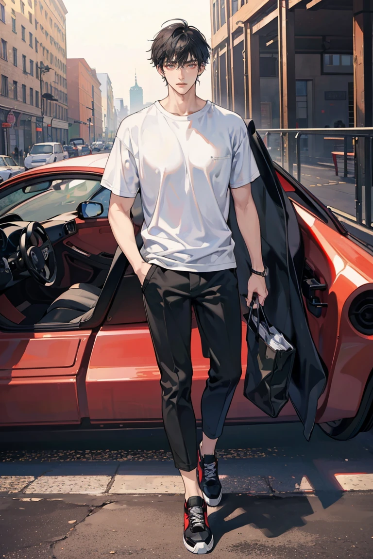 (masterpiece), best quality, seductive eyes, perfect face, handsome man, red eyes, short messy black hair, long nose, plain t-shirt, grey fitted pants, black sneakers, full body, extremely tall man, long legs, long calves, anime cover, 1boy, ear piercings, hands in pockets, adult-like look, there's a beautiful city in the background
