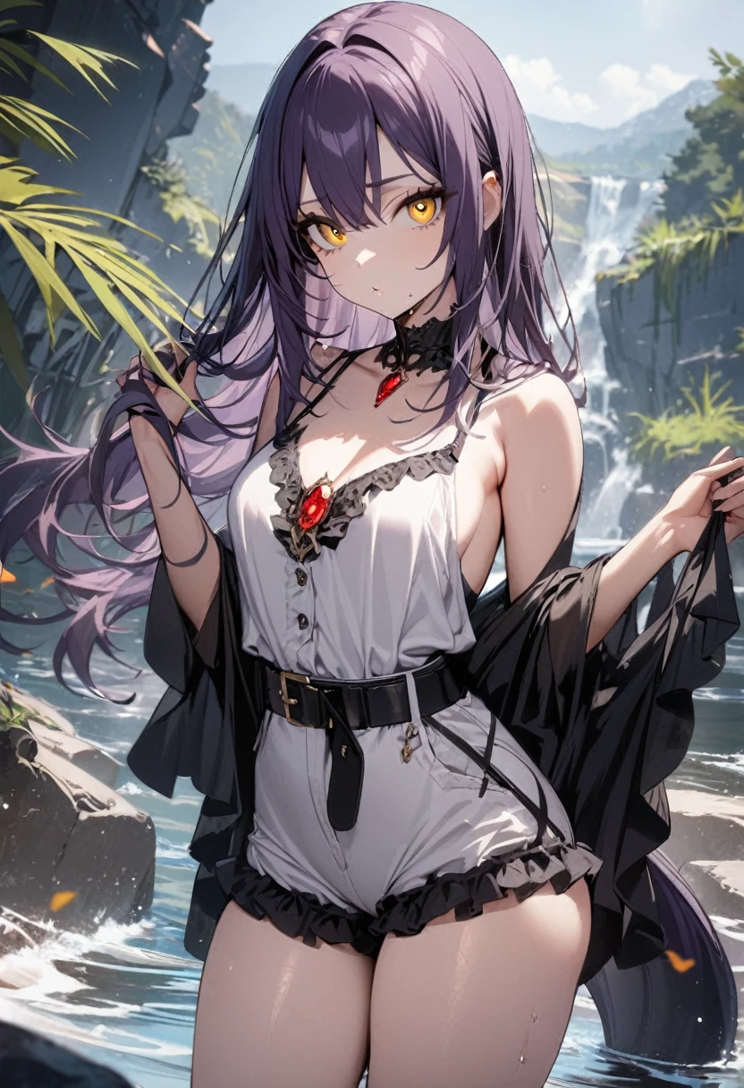 1 girl, masterpiece, top quality, fair skin, golden eyes, big eyes, dark purple hair, side tail, frills on shorts, black belt, red jewel, water